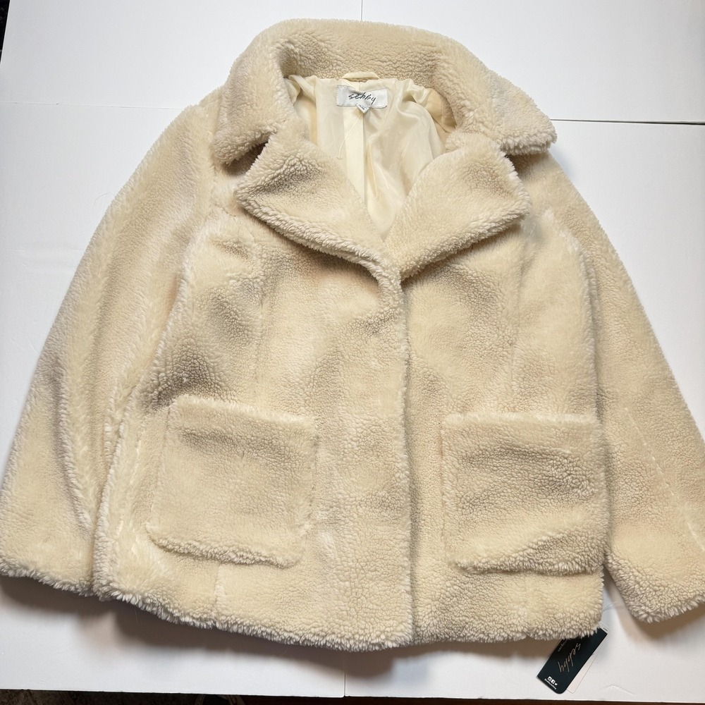 Sebby Jacket Womens XL White Faux Fur Teddy Sherpa Lined Short Coat Collared
